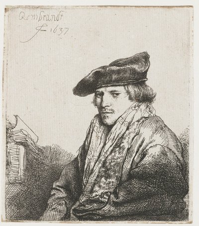 Jonge man in een fluwelen muts door Rembrandt van Rijn